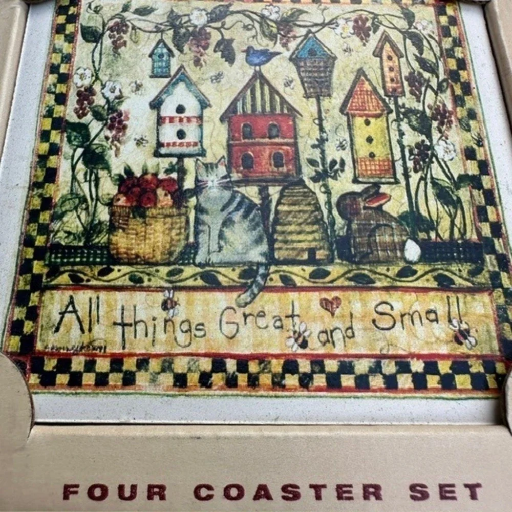AbsorbaStone Coaster Set All Things Great and Small Birdhouse Cat Stone 4pc NEW